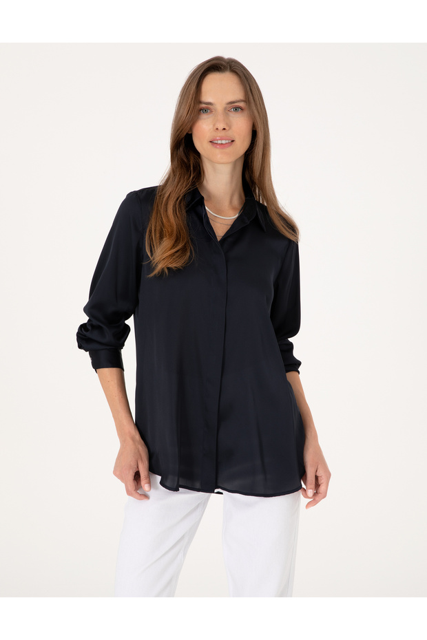 Navy Blue Comfort Fit Satin Long Sleeve Shirt 50313588 -Vr033