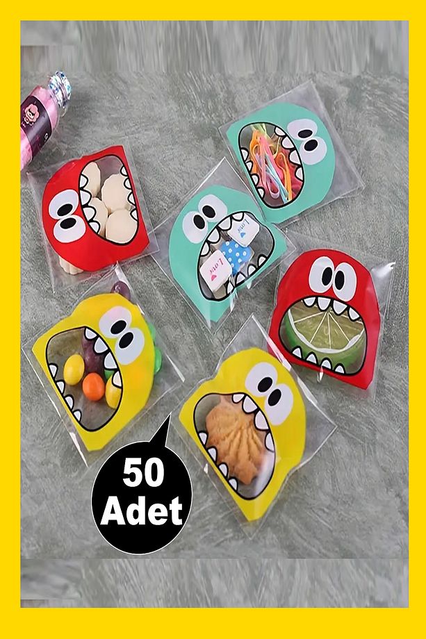 Canavar Desenli Bantlı Şeffaf Poşet Hediyelik Kendinden Yapışkanlı Jelatin 10x15cm 50 Adet - 1