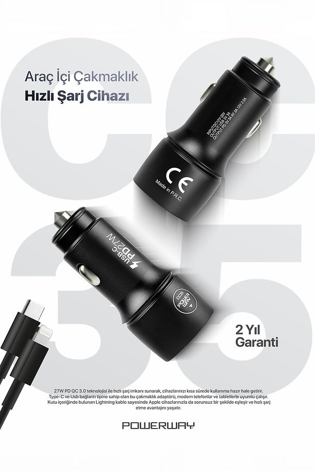 Cc35 Araç Içi Çakmaklık Hızlı Şarj Cihazı 27w Pd Qc 3.0 Type-c Usb Çıkışlı Lightning Kablo - 6