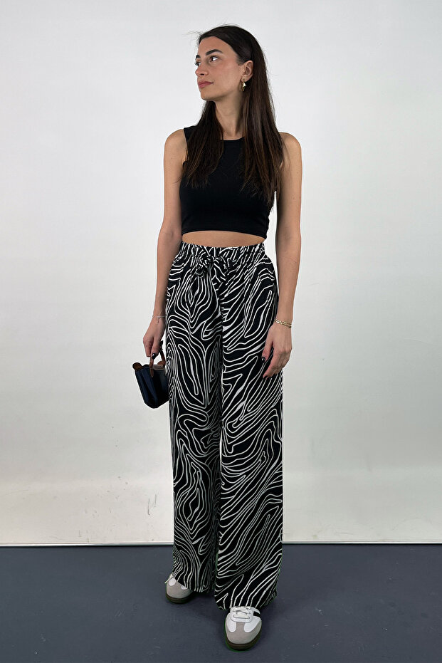 Black Patterned Viscose Draped Palazzo Trousers