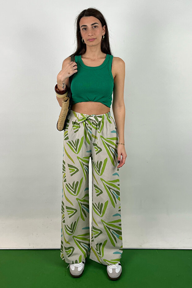 Pistachio Green Patterned Cotton-Linen Flowy Palazzo Pants