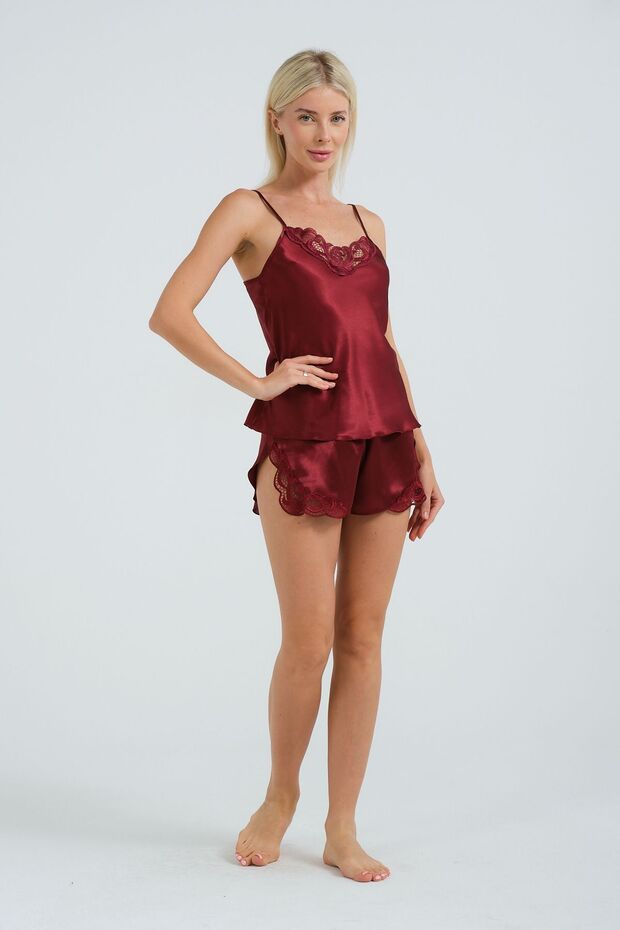 Women's Burgundy Lace Detailed Satin Pajama Set with Rope Strap, Stylish and Elegant Sleep Set