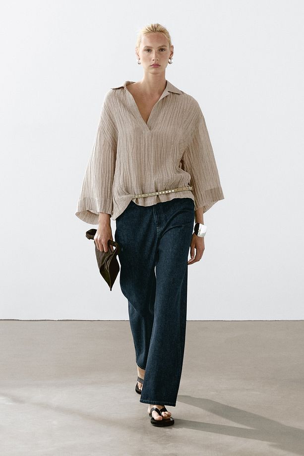 Flowing open-neck linen blend blouse - 1