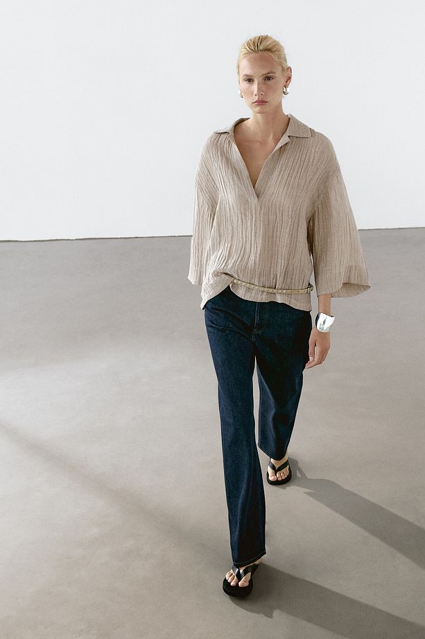 Flowing open-neck linen blend blouse - 4