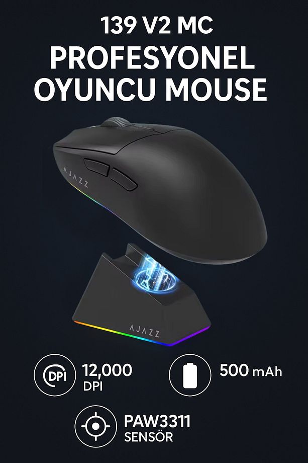 Aj139 V2 Mc 12.000 Dpı Paw3311 Ultra Hafif 3 Modlu Oyuncu Mouse - 500mah Batarya - 1