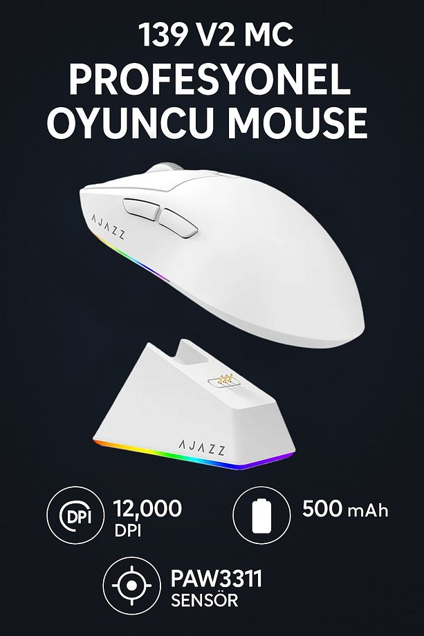 Aj139 V2 Mc 12.000 Dpı Paw3311 Ultra Hafif 3 Modlu Oyuncu Mouse - 500mah Batarya - 1