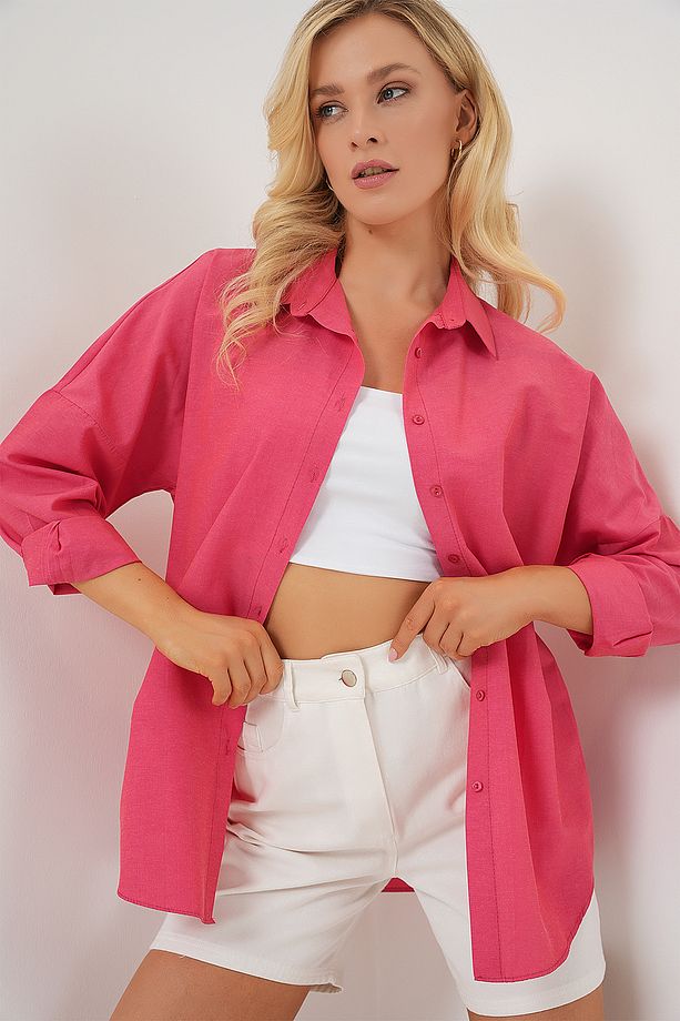 3900 Oversize Uzun Basic Gömlek - Nar - 1
