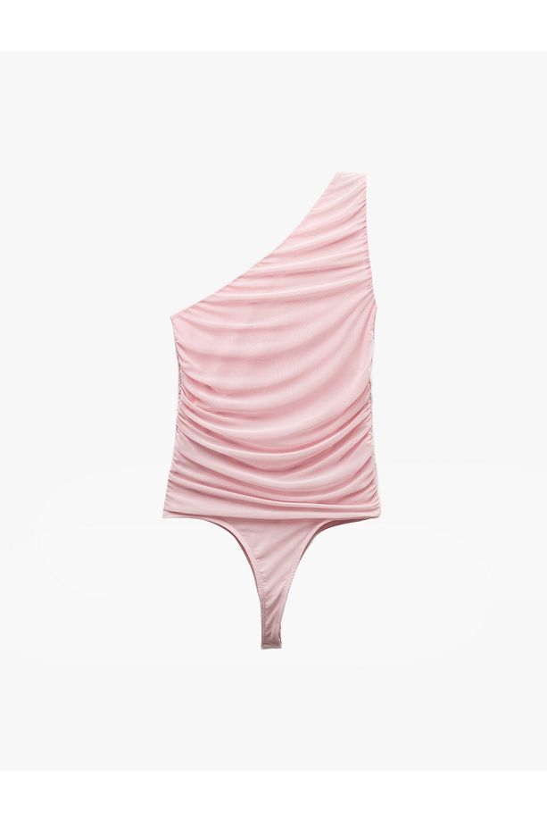 Yarı Transparan Asimetrik Tek Omuz Tül Bodysuit - 5