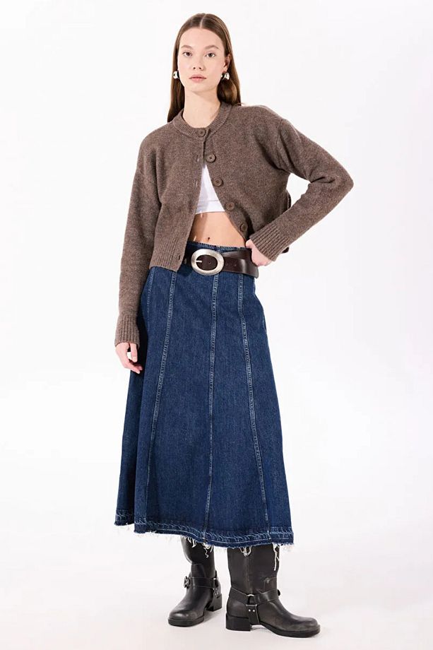Flare A-Line Fit Midi Boy Orta İndigo Kadın Jean Etek - 1