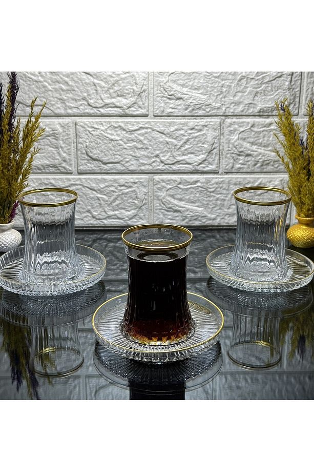 12 Parça Elysia Kesme Gerçek Yaldızlı Tabaklı Çay Seti Takımı (yeni yıl) - 1