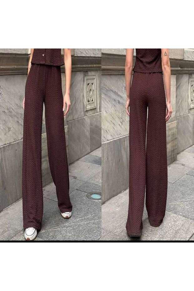 Women's High Waist Elastic Waistband Seersucker Fabric Wide Leg Pants - Brown