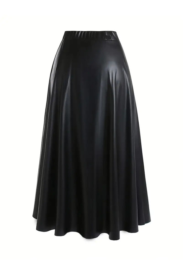 Női fekete műbőr hosszú, bővülő Mevlana szoknya elöl cipzárral, magas derékkal, stílusos kialakítással - 2