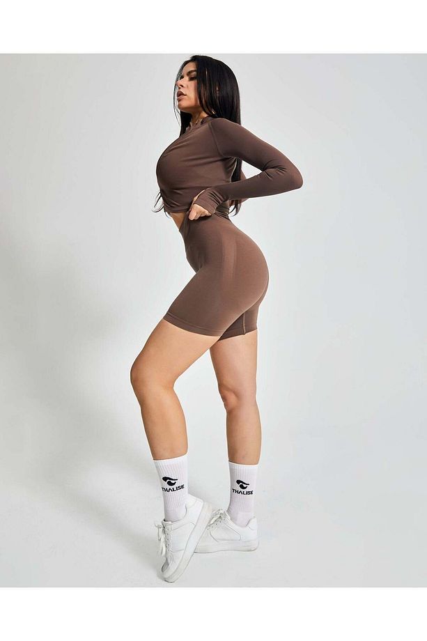 Yüksek Bel Scrunch Seamless Şort - Cappuccino - 5