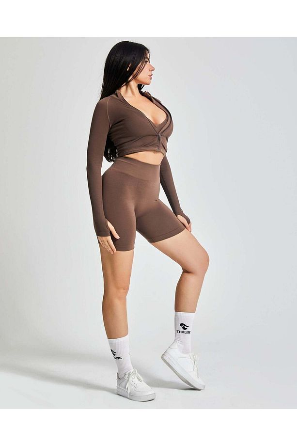 Yüksek Bel Scrunch Seamless Şort - Cappuccino - 3