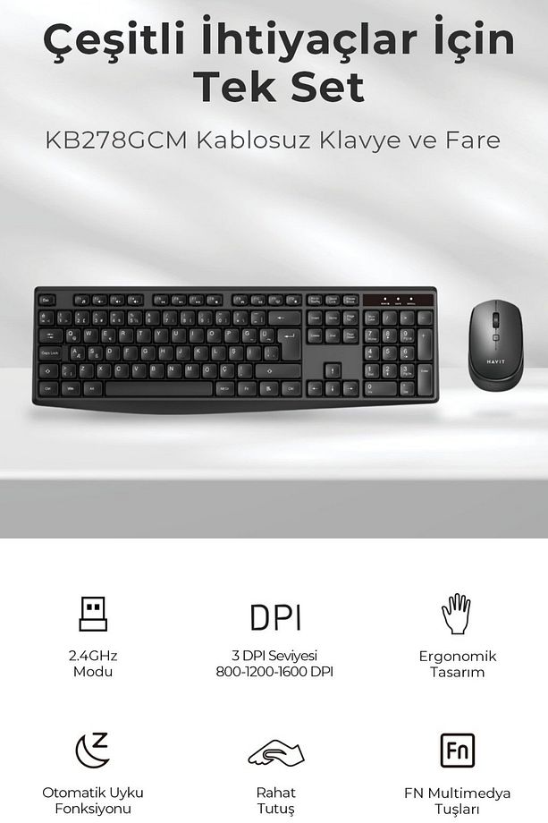 KB278GCM Kablosuz Türkçe Q Klavye Mouse Seti – 2.4GHz Bağlantı, DPI Ayarlı Mouse - 7