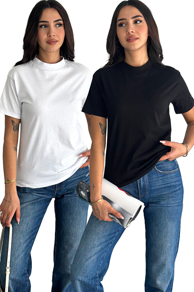 Beyaz Ve Siyah Dik Yaka 2'li Paket Basic Örme T-shirt