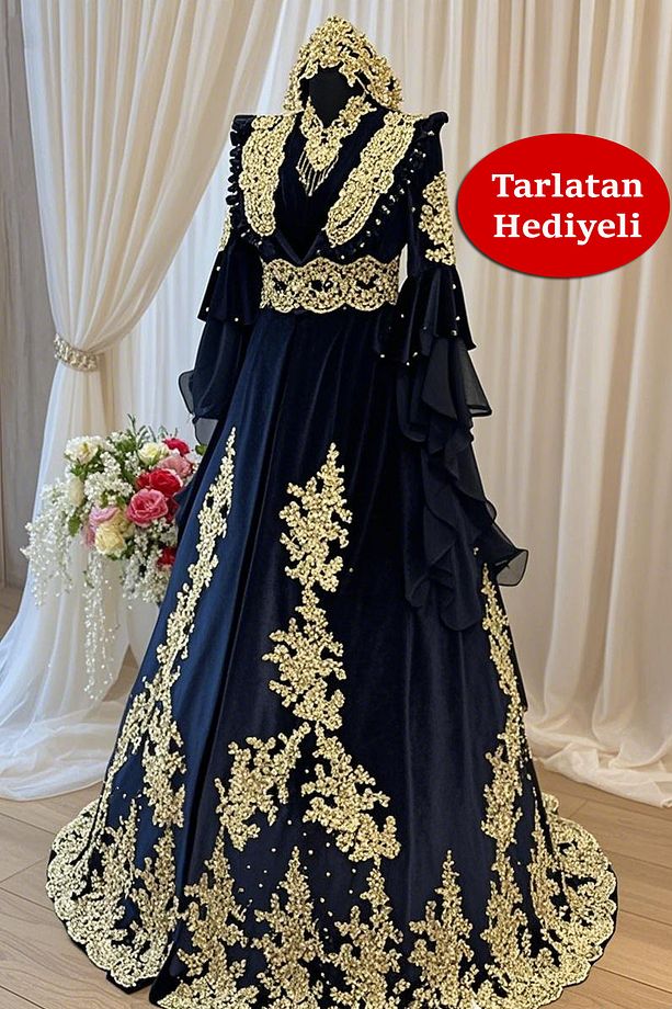 Lacivert Kadife Bindallı Kaftan Kına Gecesi Abiye Elbisesi TAÇ-KOLYE-KEMER Dahil + Tarlatan Hediye - 8