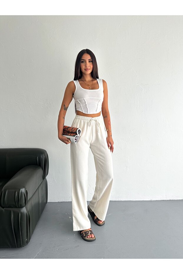Cream Linen Blend Loose Fit Trousers