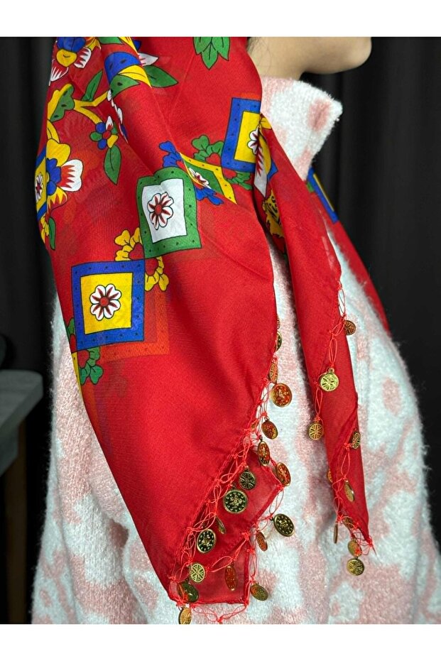 Çengelköy Desenli Kırmızı Pullu Yazma – Etnik Çiçekli Başörtüsü Çeyizlik ve Günlük - 3