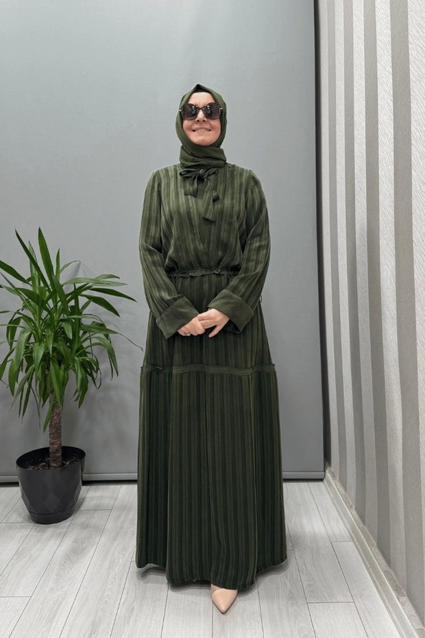 Waist Gathered Striped Cupra Silk Dress Green 37810
