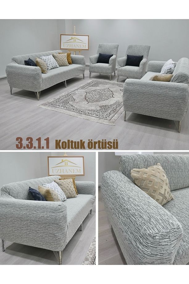 Streç Lastikli Esnek Yıkanabilir 3 3 1 1 Jakarlı Koltuk Örtüsü Takımı Koltuk Kılıfı - 1