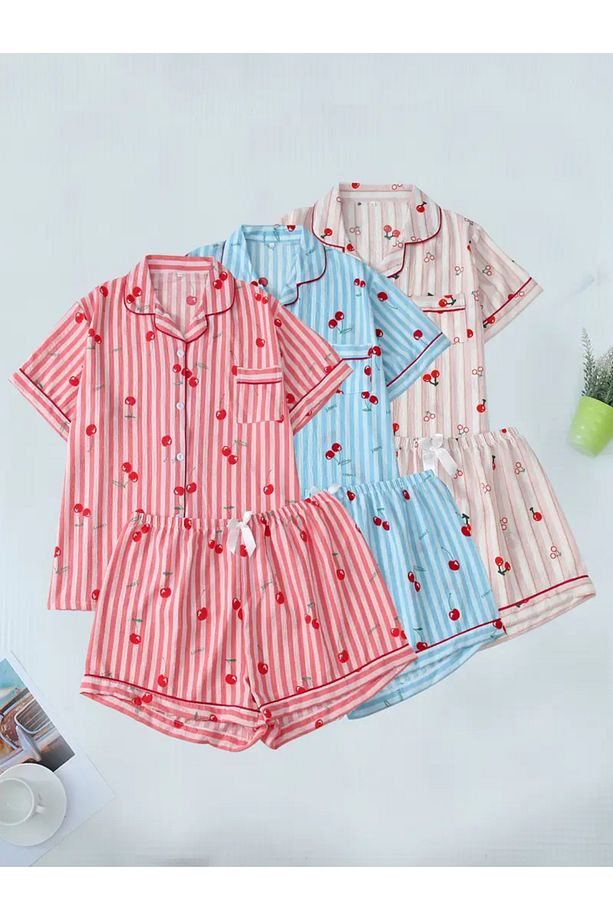 Kiraz Baskılı Gömlek Şort Pijama Takımı - 1