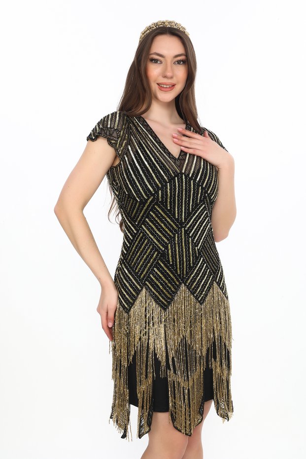 Ann Flapper Dress – Black & Gold Sequin Fringe Party Dress