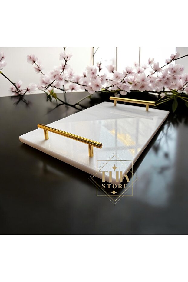 Natural Marble Presentation Tray Rectangular Gold Handle - 2