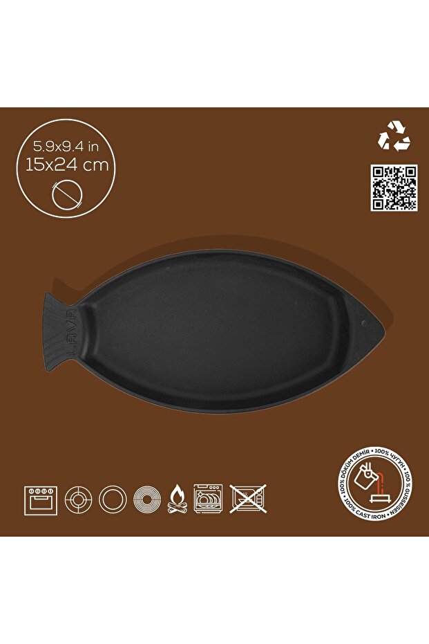 طبق سمك مصبوب من الحديد الزهر بمقبض صلب مقاس 15 × 24 سم - 3