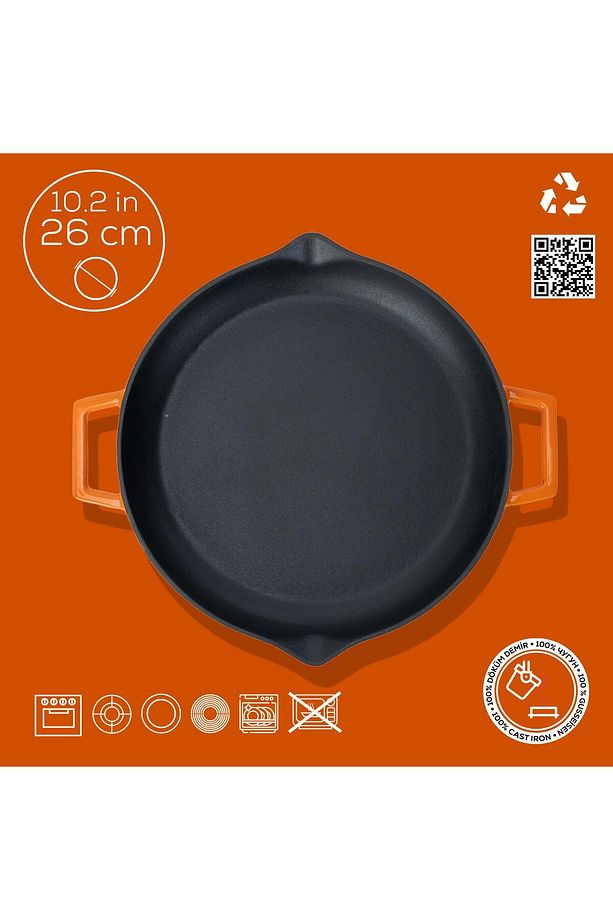 Döküm Yuvarlak Kızartma Tavası Döküm Demir Yekpare Çift Kulplu Çap(Ø)26cm. - 4