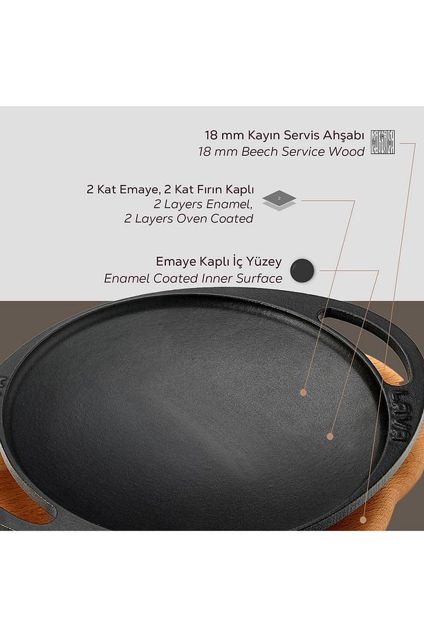 Döküm Yuvarlak Saç Kavurma Tavası Döküm Demir Yekpare Çift Kulplu Kayın Servis Ahşabı Çap(Ø)20c - 5