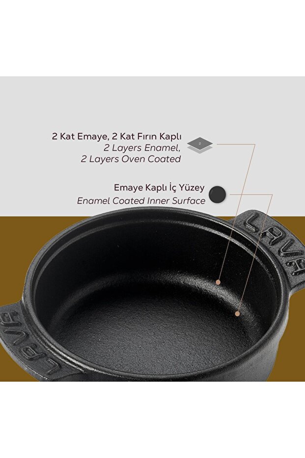 Döküm Yuvarlak Güveç Kabı Döküm Demir Yekpare Çift Kulplu Çap(Ø)14cm. - 5
