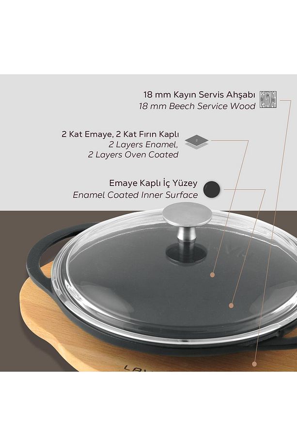 Döküm Yuvarlak Saç Kavurma Tavası Döküm Demir Yekpare Çift Kulplu Cam Kapaklı Kayın Servis Ahşa - 4