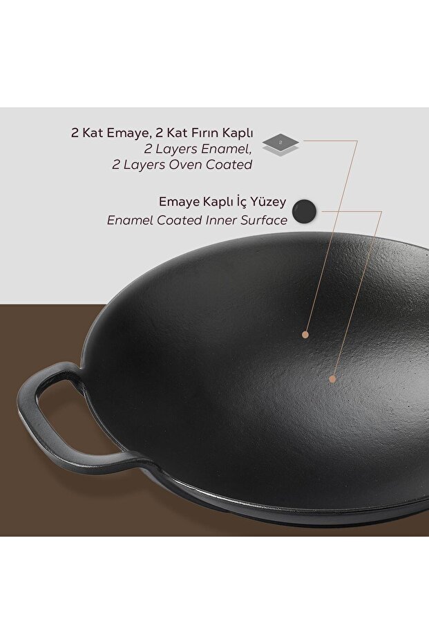 Döküm Yuvarlak Wok Döküm Demir Yekpare Çift Kulplu Çap(Ø)38cm. - 6
