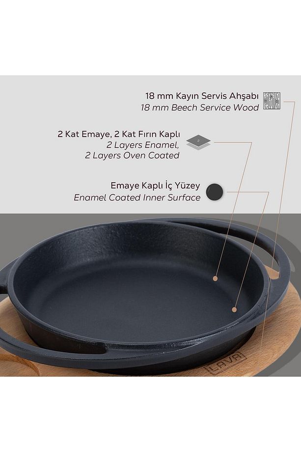 Döküm Yuvarlak Sahan Döküm Demir Yekpare Çift Kulplu Kayın Servis Ahşabı Çap(Ø)12cm. - 7