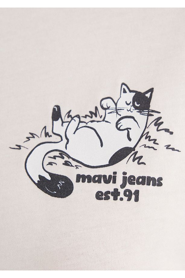 Kedi Baskılı Ekru Tişört Regular Fit / Normal Kesim 1612980-70057 - 6