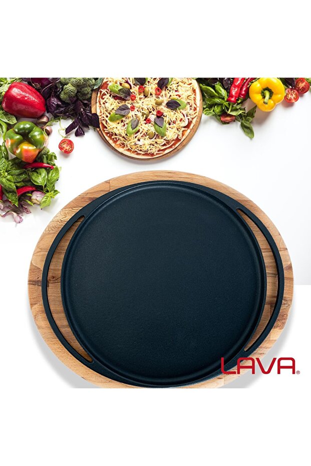 Döküm Yuvarlak Pizza Krep Pankek Tavası Döküm Demir Yekpare Çift Kulplu Kayın Servis Ahşabı Çap - 8