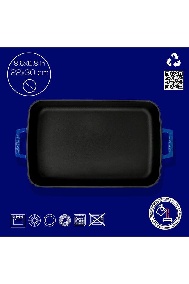 صينية فرن روستو مستطيلة الشكل من الحديد الزهر بمقبض مزدوج مقاس 22 × 30 سم - 4