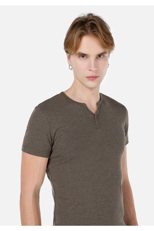 Slim Fit Placket Neck Örme Erkek Haki Kısa Kol Tişört - 4