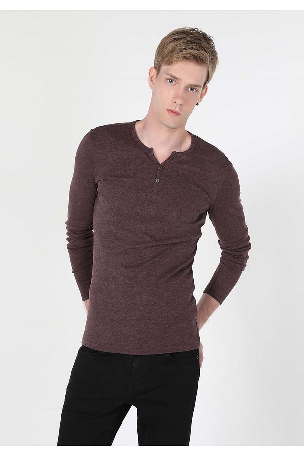 Slim Fit Placket Neck Düz Erkek Mor Uzun Kol Tişört - 1