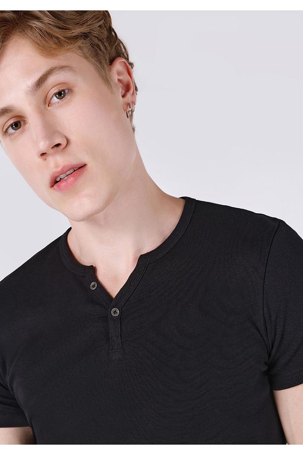 Slim Fit Placket Neck Düz Erkek Siyah Kısa Kol Tişört - 4