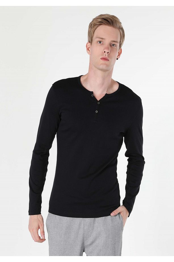 Slim Fit Placket Neck Düz Erkek Siyah Uzun Kol Tişört - 3