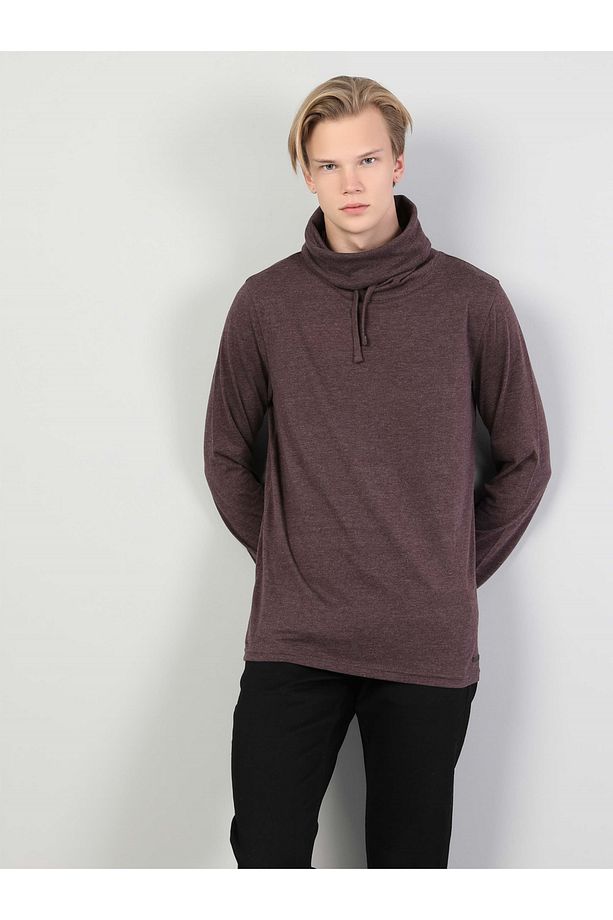 Regular Fit Yarım Balıkçı Yaka Erkek Mor Uzun Kol Tişört - 3