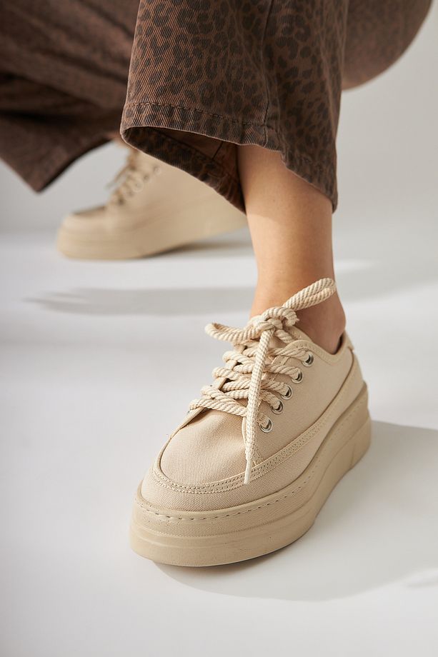 Sassa Bej Yüksek Tabanlı Bağcıklı Kadın Sneaker - 7