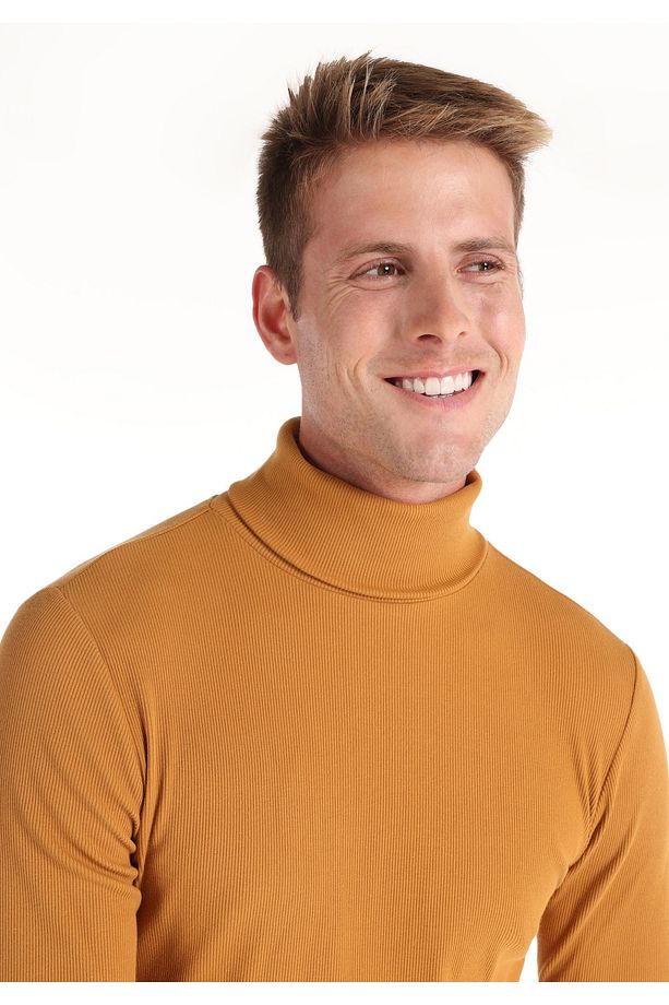 Slim Fit Yarım Balıkçı Yaka Düz Erkek Sari Uzun Kol Tişört - 4