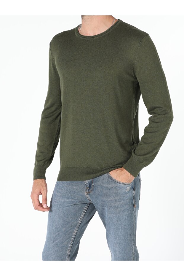Regular Fit Yuvarlak Yaka Erkek Yeşil Kazak - 3