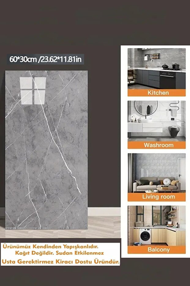 30x60 Cm Açık Gri Mermer Desenli Kendinden Yapışkanlı Seramik Köpük Banyo PVC Duvar Paneli - 4