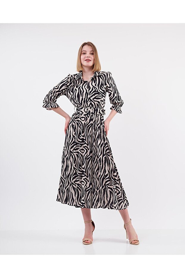 Desenli Piliseli Elbise - 3