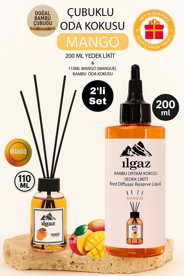Mango Bambu Çubuklu Oda Kokusu 110 ml & Mango Yedek Likit Şişe 200 ml - 1