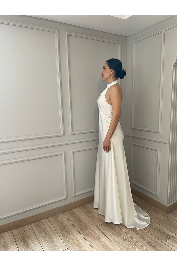 Uzun Saten Boyundan Bağlı Nikah Ve Davet Elbisesi - 4